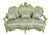 Rococo Mint Green Damask Sofa – Ornate 3-Seater Settee With Gold Leaf Carved Wood Frame For Sale