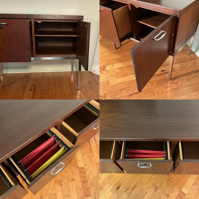 Mid 20th Century Florence Knoll Attributed Mid Century Walnut and Chrome Office Credenza For Sale - Image 5 of 12