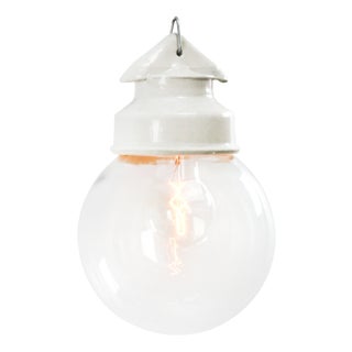 Vintage Industrial White Porcelain and Glass Pendant Light For Sale