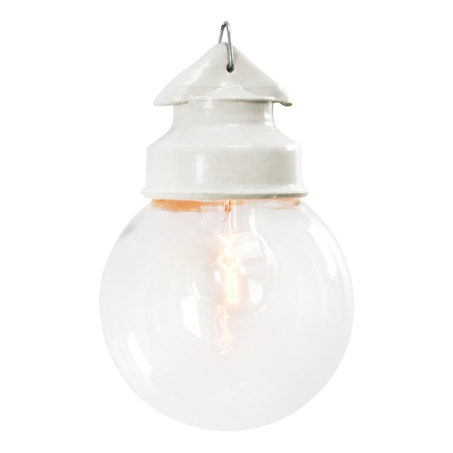 Vintage Industrial White Porcelain and Glass Pendant Light For Sale