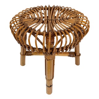 Mid-Century Italian Handcrafted Cane Bamboo & Rattan Stool in the style of Albini for Tito Agnoli, 1960s For Sale