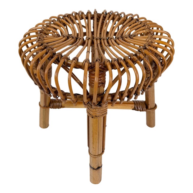 Mid-Century Italian Handcrafted Cane Bamboo & Rattan Stool in the style of Albini for Tito Agnoli, 1960s For Sale