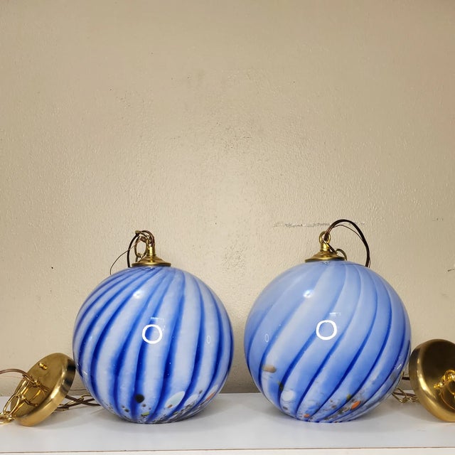 Vintage Blue Swirled Hand Blown Pendants - a Pair For Sale - Image 9 of 9
