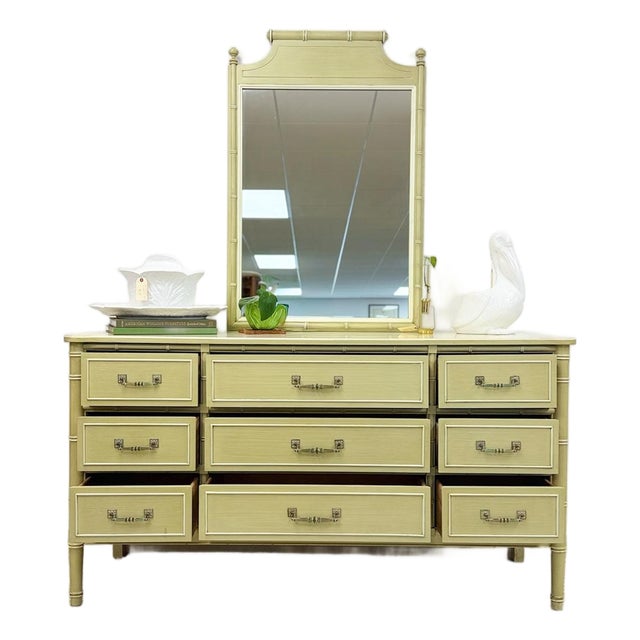 Late 20th Century Henry Link Bali Hai 9 Drawer Dresser Green W/ Mirror Regency Vintage For Sale