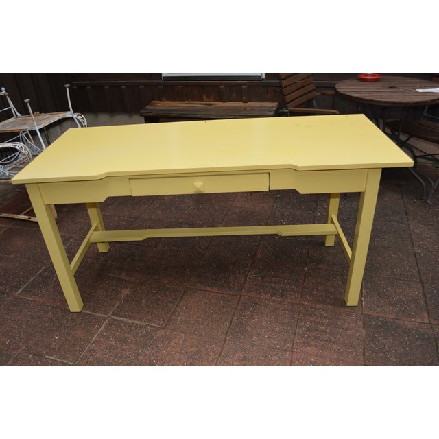 1990s Maine Cottage Yellow Writing Desk With Slide Out Surface / Drawer & Deep Slatted Bench Set of 2 For Sale - Image 4 of 12