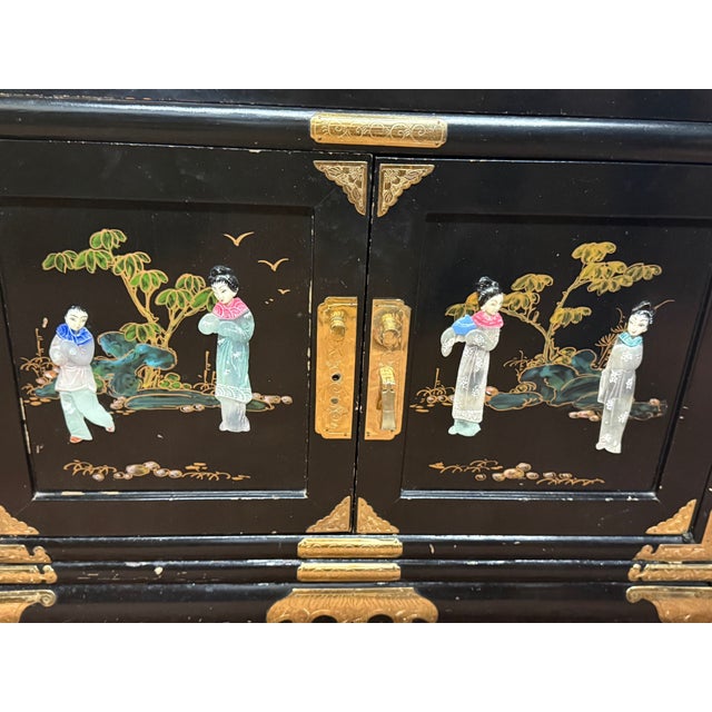 Chinese Pair of Black Lacquered Chinese Cabinets With Mother-of-Pearl Inlay For Sale - Image 3 of 5
