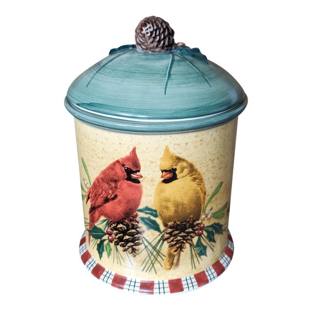 1980s Lenox Seasons Greetings Coffee/Tea/Cookie Canister, Tartan Plaid & Birds For Sale