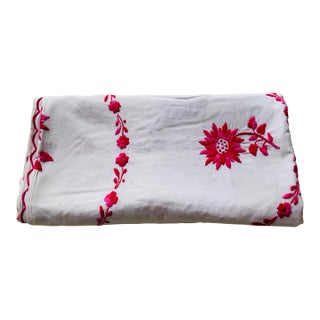 1960s Magenta Hand-Embroidered Linen Tablecloth — Nantucket Estate — Sunflowers & Swag Garlands For Sale