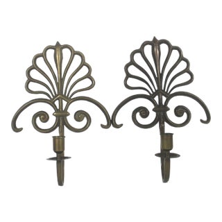 1970s Brass Wall Candle Sconces Peacock or Scroll Fan Shape a Pair For Sale