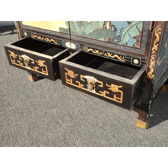 Vintage Oriental Asian Black Lacquer Cabinet Chinoiserie Side Table Signed Asis For Sale - Image 14 of 17