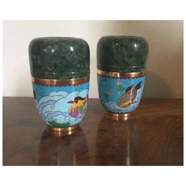 Green Chinese Jadeite Cups or Boxes & Covers Mounted With Cloisonne Exterior Decorated With Birds & Fish - a Pair For Sale - Image 8 of 11