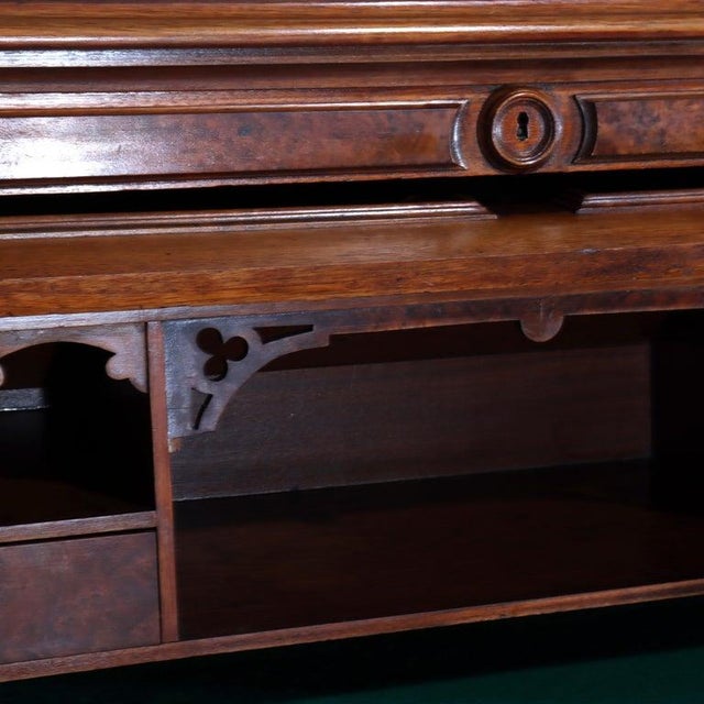 Renaissance Revival Carved Walnut & Burl Barrel Roll Top Secretary C1890 For Sale - Image 11 of 18