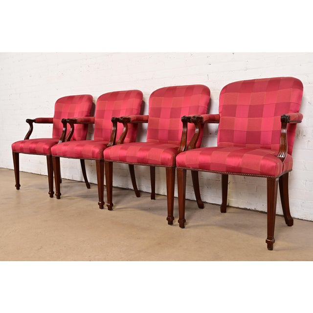 English Baker Furniture English Regency Carved Mahogany Upholstered Dining Chairs, Set of Four For Sale - Image 3 of 13