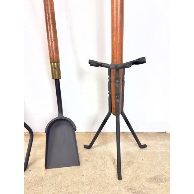 Mid Century Modern Walnut & Wrought Iron Fireplace Tool Set by Seymour For Sale - Image 9 of 10