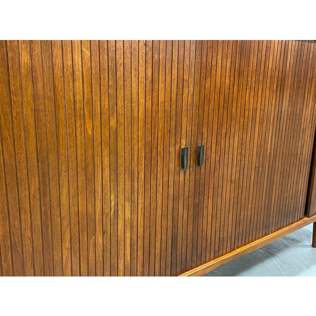 Extra Long Mid Century Modern Tambour Door Garrard Cabinet | Walnut Credenza Sideboard, C. 1960’s For Sale - Image 11 of 13