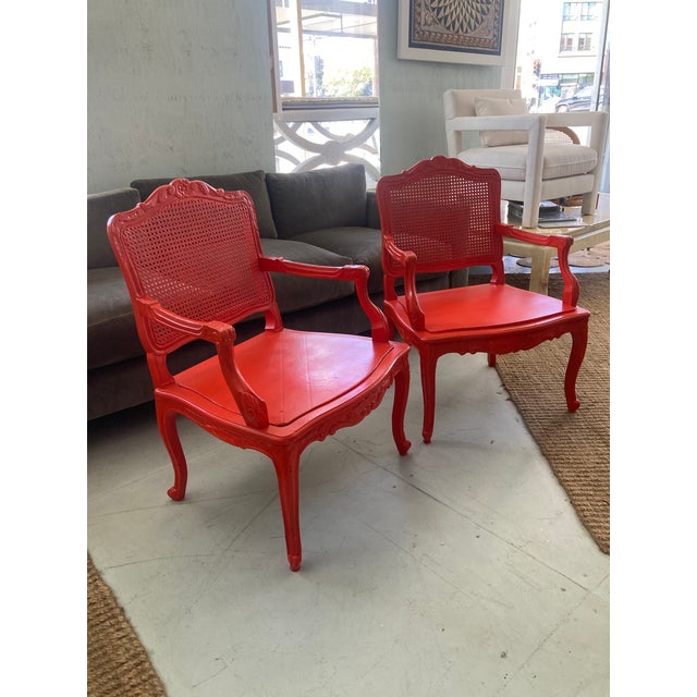French 18th Century Louis XV Fauteuils in Hollywood Regency Coral- A Pair For Sale - Image 3 of 14
