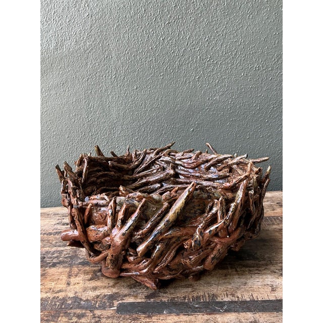 Vintage Rustic Brown Ceramic Twig Bowl For Sale - Image 12 of 13
