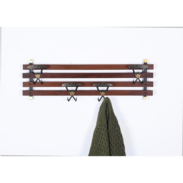 Italian Coat Rack in Teak, Brass and Black Enameled Iron, Italy, 1960s For Sale - Image 3 of 17