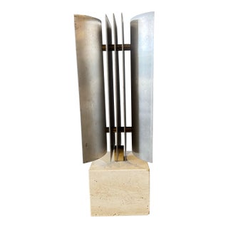 1970s Art Deco Style Metal&Traventine Based Abstract Sculpture For Sale