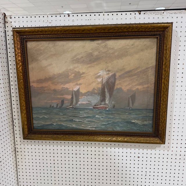 Vintage French Seascape Oil Painting Framed and Signed For Sale - Image 9 of 10