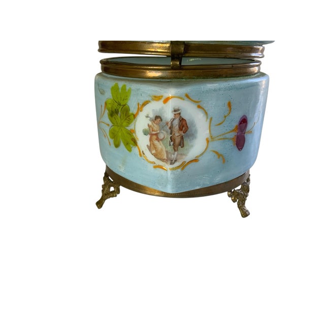 Blue Antique French Enameled Opaline Gilt Ormalu Hand Painted Courting Scene Trinket Box C1900 For Sale - Image 8 of 10