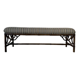 Vintage McGuire Style Bamboo & Leather Binding Upholstered Bench For Sale