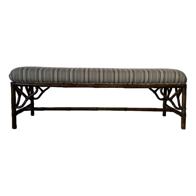 Vintage McGuire Style Bamboo & Leather Binding Upholstered Bench For Sale