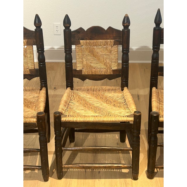 Textile 4 Vintage Mexican Wood & Woven Rush Seat Chairs For Sale - Image 7 of 10