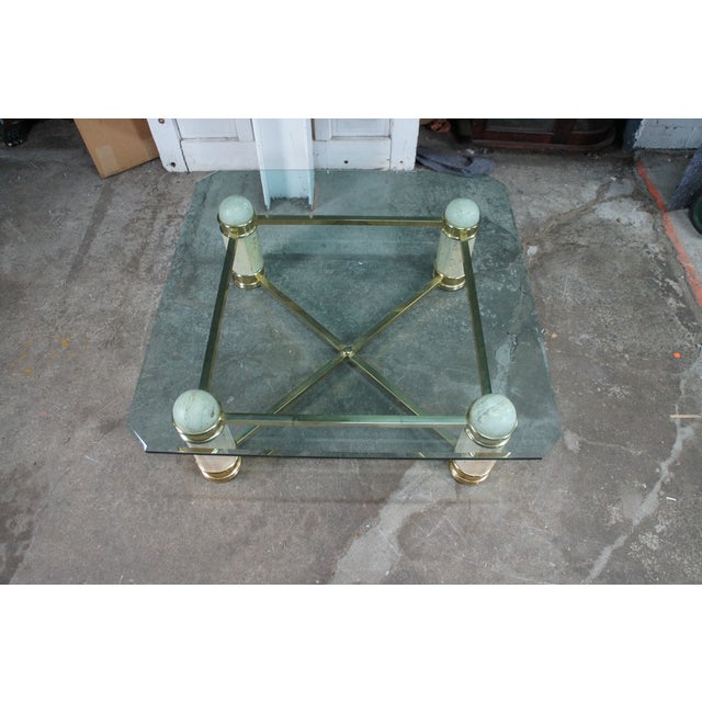 Vintage Italian Regency Travertine Stone Brass & Glass Coffee Cocktail Table 44" For Sale - Image 6 of 12