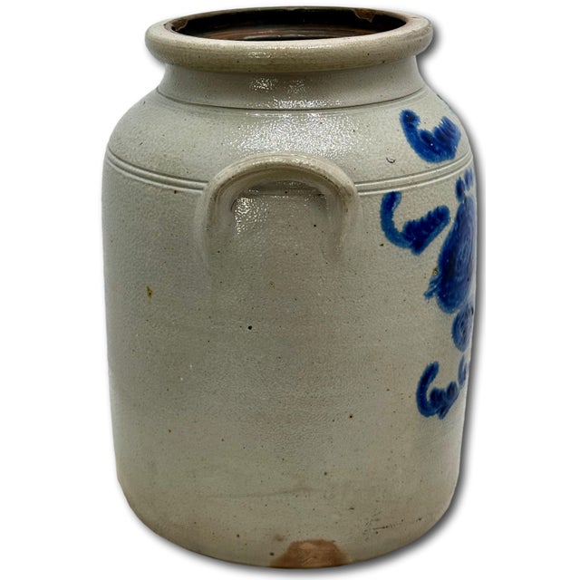 Ourtstanding Antique Large 3 Gallon Size American Blue Hand Decorated Stoneware Butter Churn - Circa 1870s For Sale - Image 11 of 18