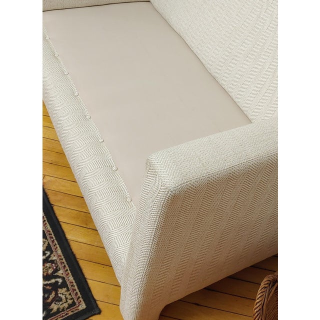 Cream Vintage Herringbone Upholstery Parsons Style Loveseat Sofa For Sale - Image 8 of 9