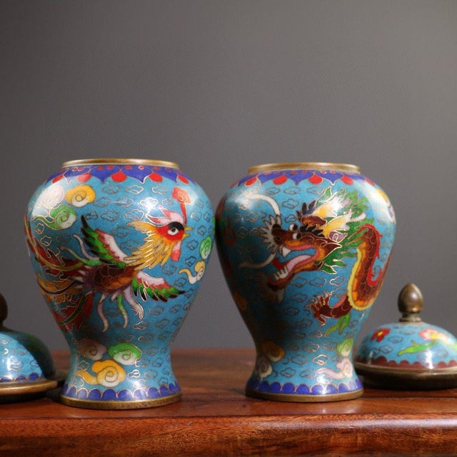Pair of Vintage Chinese Cloisonné "Dragon & Phoenix" Ginger Jars - 2495g For Sale - Image 4 of 9