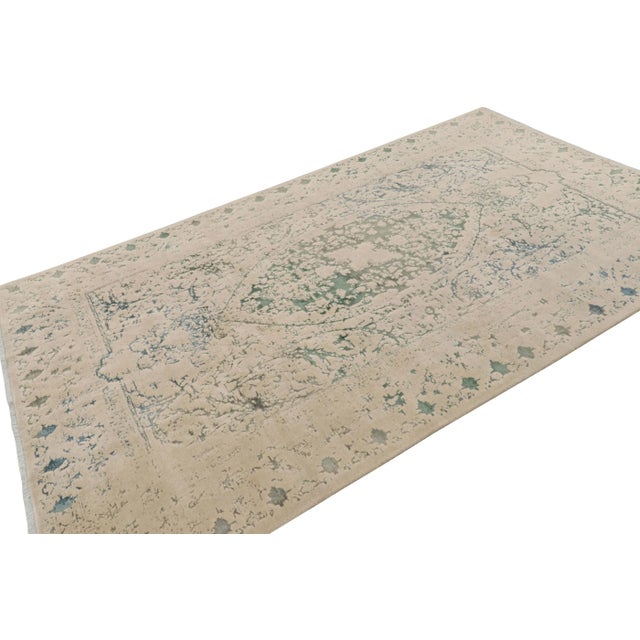 Rug & Kilim Rug & Kilim’s Modern Rug With Beige and Teal Abstract Patterns and Medallion For Sale - Image 4 of 7