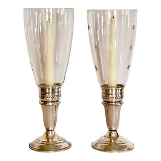 Pair of Crown Sterling Silver Candlesticks With Etched Glass Hurricane Shades, C. 1940 For Sale