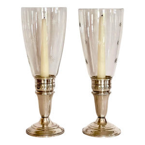 Pair of Crown Sterling Silver Candlesticks With Etched Glass Hurricane Shades, C. 1940