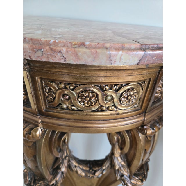 Pair of French Louis 16th Style Giltwood Rouge Marble Top Corner Tables - A Pair For Sale - Image 9 of 14