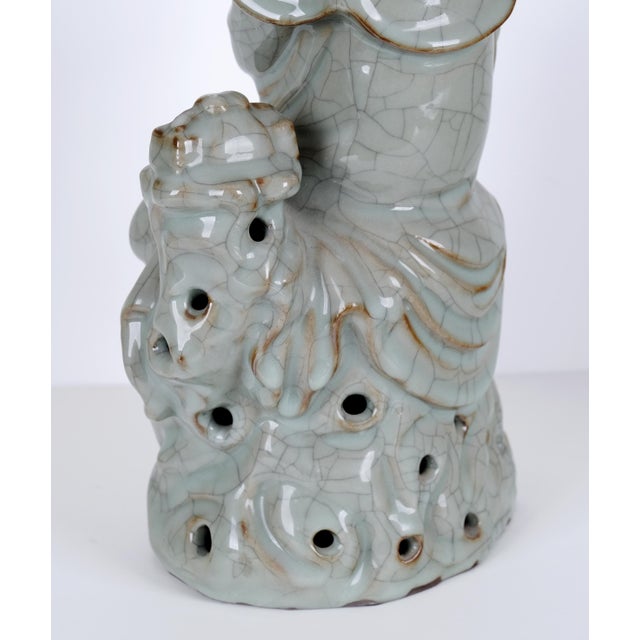 Antique Guanyin (Kwan Yin) Goddess of Mercy Buddha Late 19th / Early 20th Century Celadon Color W/ Craquelure Splendid Statue/Sculpture Vg+ For Sale - Image 10 of 12