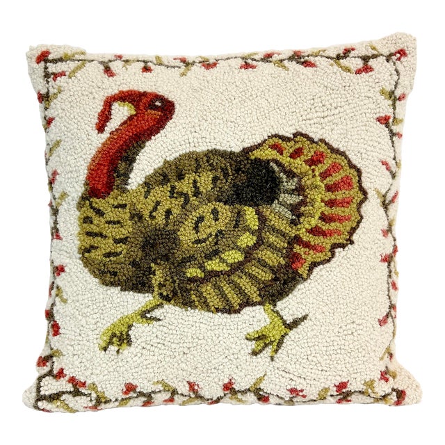 1980s Vintage Americana Arts & Crafts Thanksgiving Turkey Pillow. For Sale