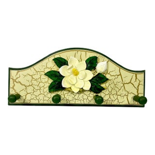 1980s Vintage Coastal Boho Chic Hand-Painted Magnolia Wall Mounted Hook - 4 Pegs For Sale