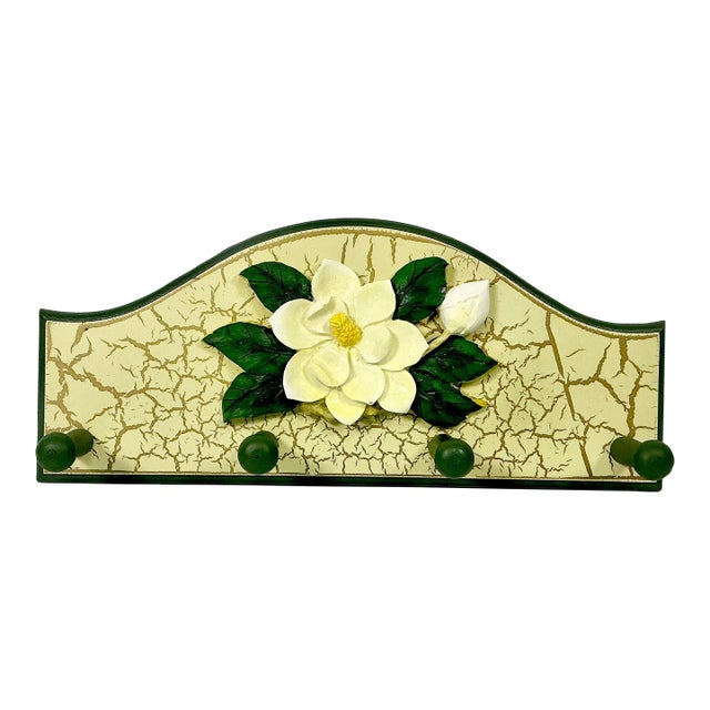 1980s Vintage Coastal Boho Chic Hand-Painted Magnolia Wall Mounted Hook - 4 Pegs For Sale