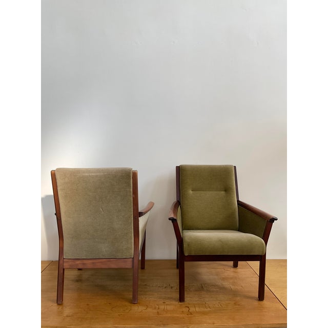 Mid 20th Century Pair of High Back Danish Modern Oak & Moss Green Mohair Lounge Chairs Attributed to Durup For Sale - Image 9 of 18