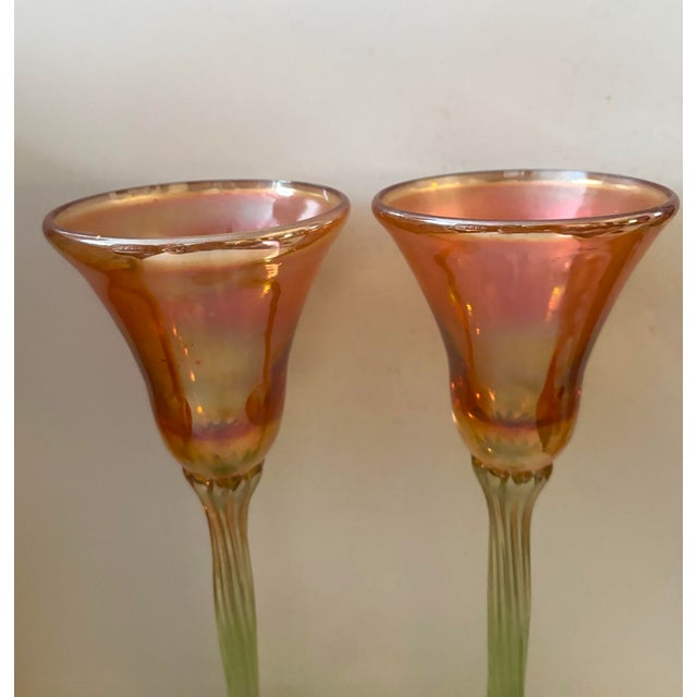 Glass Late 20th Century Rick Strini Iridescent Orange & Green Art Glass Tulip Goblets, Pair For Sale - Image 7 of 7