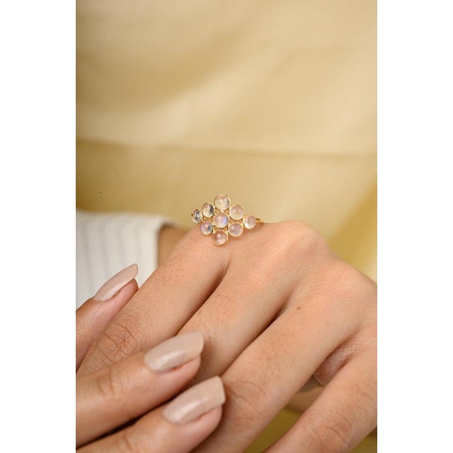 Rainbow Moonstone Cluster Flower Ring in 18k Solid Yellow Gold For Sale - Image 4 of 8