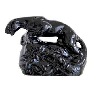 Vintage Mid-Century Modern Black Glazed Ceramic Panther Tv Lamp Sculpture, Made in Usa, Circa 1950s For Sale