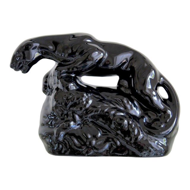 Vintage Mid-Century Modern Black Glazed Ceramic Panther Tv Lamp Sculpture, Made in Usa, Circa 1950s For Sale