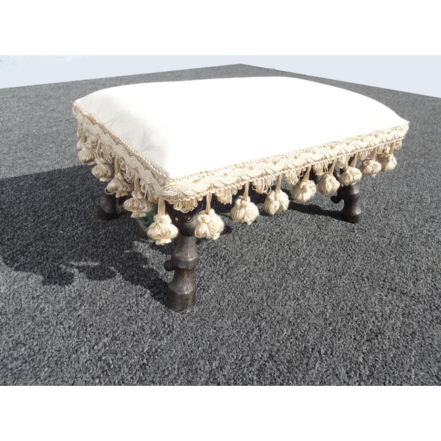 Vintage French Cast Iron White W Tassels Footstool W Green Emblem For Sale - Image 10 of 12