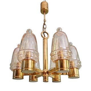 Brass Chandelier with Amber Bubble Glass Globes, 1970s For Sale