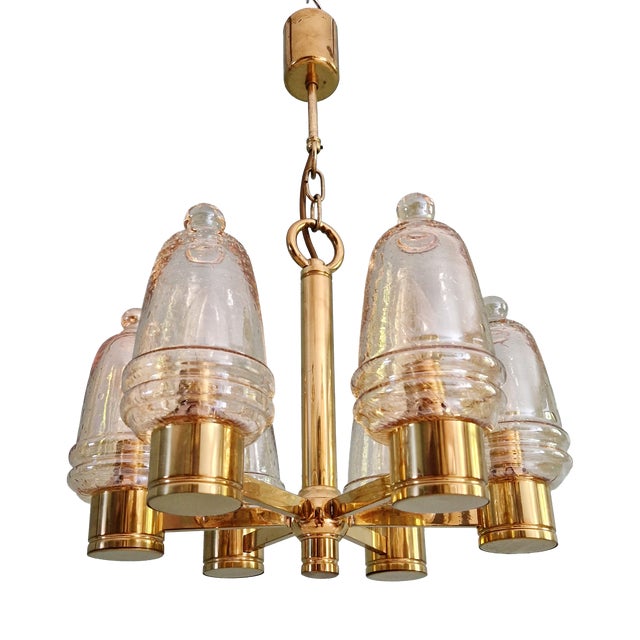 Brass Chandelier with Amber Bubble Glass Globes, 1970s For Sale