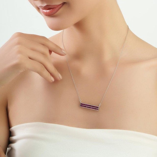 2.81 Ct Double Row Ruby Bar Necklace Pendant in Sterling Silver - Caratandher For Sale - Image 11 of 15