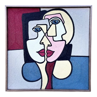 Laurent Folco “Ori Tahiti” Faces Cubist Framed Crewel Work After Picasso For Sale